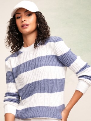 Tokyo Talkies Striped High Neck Casual Women Blue Sweater