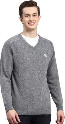MONTE CARLO Solid V Neck Casual Men Grey Sweater
