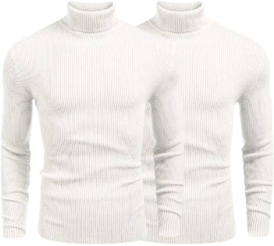 OLENE Solid High Neck Casual Men White, White Sweater