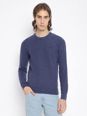 GUESS Solid Crew Neck Casual Men Blue Sweater