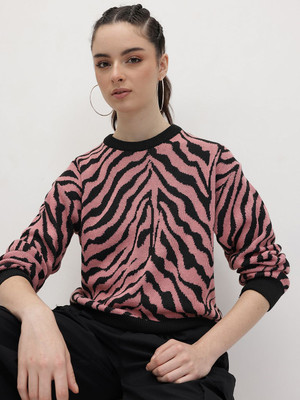 Roadster Self Design Round Neck Casual Women Pink Sweater