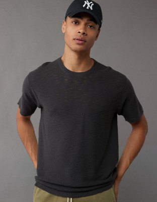 American Eagle Solid Round Neck Casual Men Black Sweater