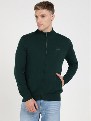 GUESS Solid High Neck Casual Men Green Sweater