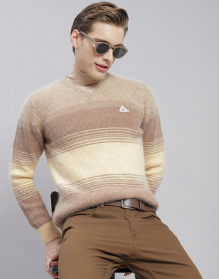 MONTE CARLO Striped V Neck Casual Men Brown Sweater