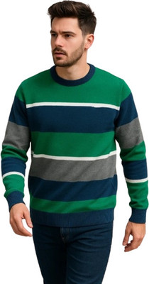 IRA CHOICE Striped Round Neck Casual Men Grey Sweater