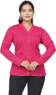 WOOLVALLEY Self Design V Neck Casual Women Pink Sweater