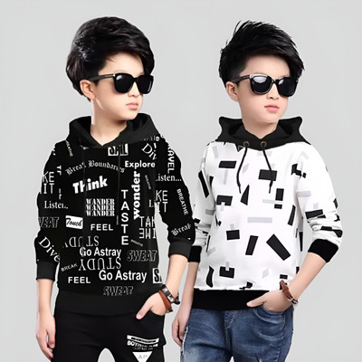Ticoss Printed Hooded Neck Casual Boys Black, White Sweater