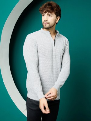 KVETOO Self Design High Neck Casual Men Grey Sweater