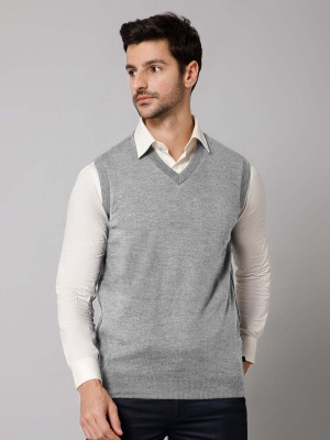 MHIZHA Solid V Neck Casual Men Reversible Grey Sweater