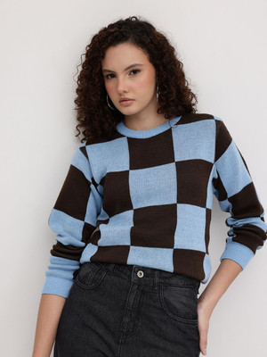 Roadster Checkered Round Neck Casual Women Blue Sweater
