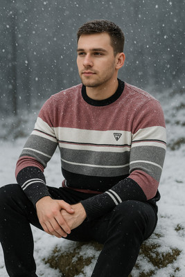 Life and style Striped Round Neck Casual Men Pink Sweater