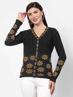 KALT Self Design V Neck Casual Women Black Sweater