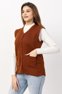 avtar Solid V Neck Party Women Brown Sweater