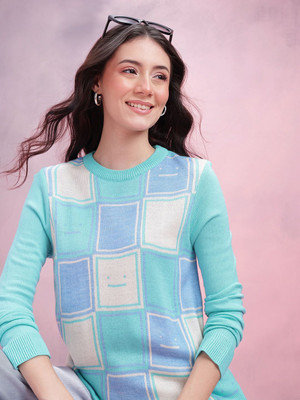 Dressberry Colorblock Round Neck Casual Women Blue Sweater