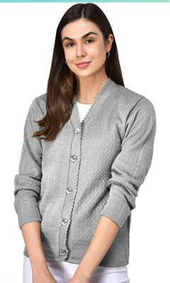 lewiston Self Design V Neck Casual Women Grey Sweater
