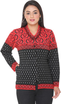 WOOL 4U Self Design V Neck Casual Women Red Sweater