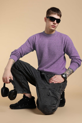 FASHLOOK Self Design Round Neck Casual Men Purple Sweater