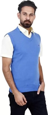 Kryptar Solid V Neck Casual Men Blue Sweater