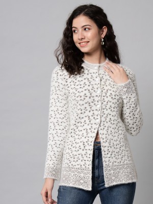 eWools Floral Print Round Neck Party Women White Sweater