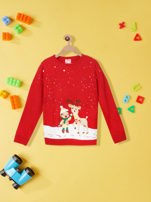 NautiNati Printed Round Neck Casual Girls Red Sweater