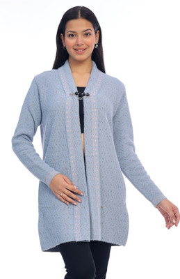 I Bar Self Design Collared Neck Casual Women Blue Sweater