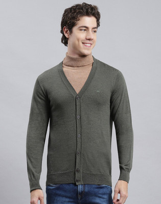 MONTE CARLO Solid V Neck Casual Men Dark Green Sweater