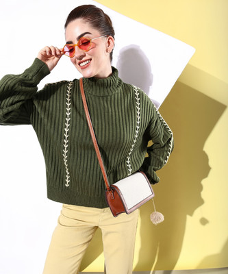 Roadster Solid Turtle Neck Casual Women Green Sweater