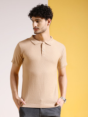 The Indian Garage Co. Solid Collared Neck Casual Men Beige Sweater