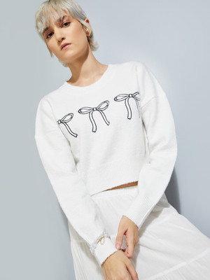 MAX Printed Round Neck Casual Women Beige Sweater