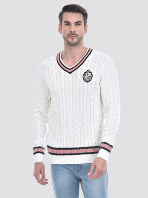 NUMERO UNO Self Design V Neck Casual Men White Sweater