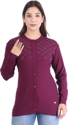 Frankfurt Self Design Round Neck Casual Women Purple Sweater