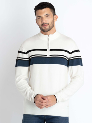 Status Quo Striped Round Neck Casual Men White Sweater