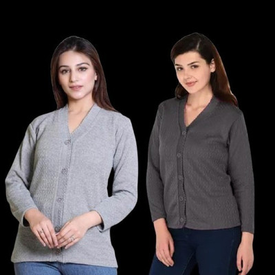 LUXURIOUS DESIGN Solid V Neck Casual Women Grey Sweater
