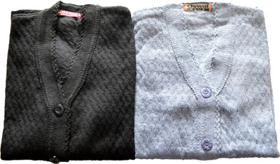 Shunit creation Self Design V Neck Lounge Wear Women Beige, Black Sweater