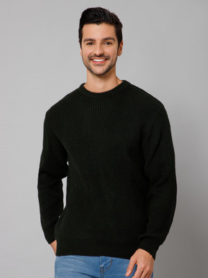 CANTABIL Self Design Round Neck Casual Men Dark Green Sweater