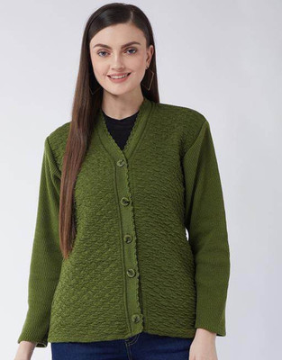 Speech Solid V Neck Casual Women Green Sweater