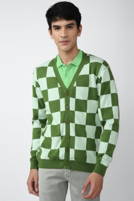 FOREVER 21 Checkered V Neck Casual Men Green Sweater