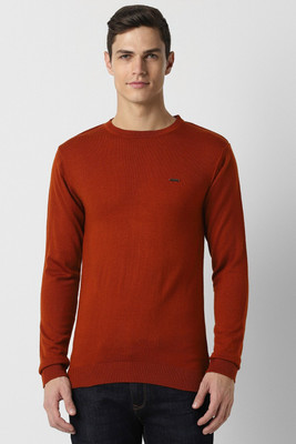 PETER ENGLAND Solid Round Neck Casual Men Orange Sweater