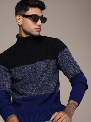 Roadster Self Design Turtle Neck Casual Men Black, Blue, Grey Sweater
