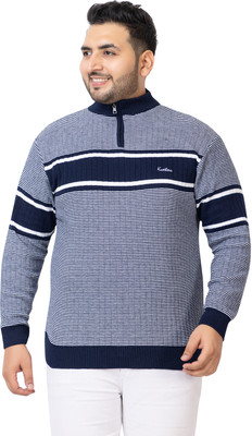 KVETOO Striped High Neck Casual Men Dark Blue Sweater
