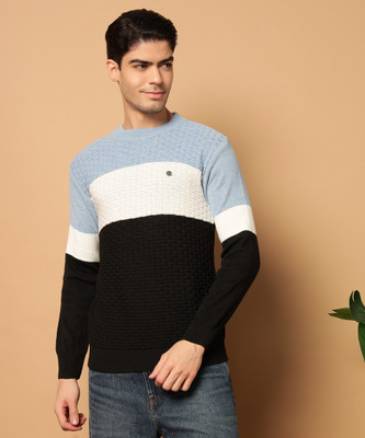 HELL BOUND Colorblock Round Neck Casual Men Light Blue Sweater
