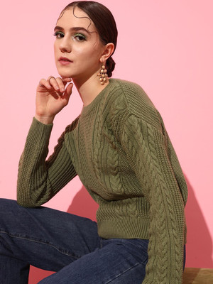 STREET9 Self Design Round Neck Casual Women Green Sweater
