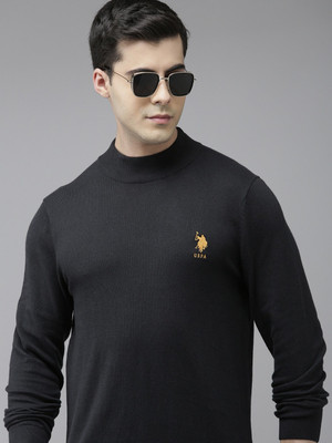 U.S. POLO ASSN. Solid Round Neck Casual Men Black Sweater