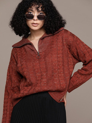 Roadster Self Design Scoop Neck Casual Women Red Sweater