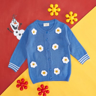 Pantaloons Baby Printed Round Neck Casual Baby Girls Blue Sweater