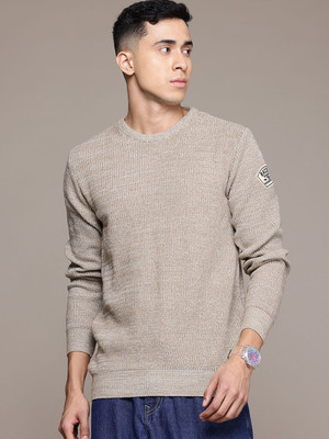 Roadster Self Design Round Neck Casual Men Beige Sweater