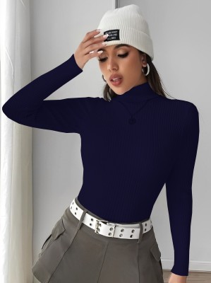 Lecowar Solid High Neck Casual Women Blue Sweater