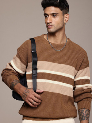 Roadster Self Design Round Neck Casual Men Brown Sweater