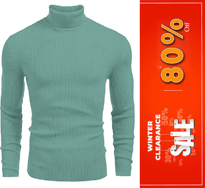 Cat Bunny Self Design High Neck Casual Men Green Sweater