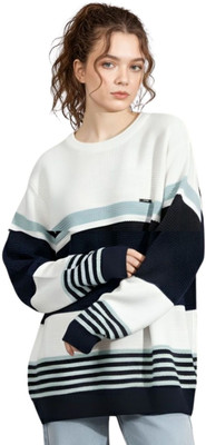 WAY TO TRENDY Striped Round Neck Casual Women Dark Blue Sweater